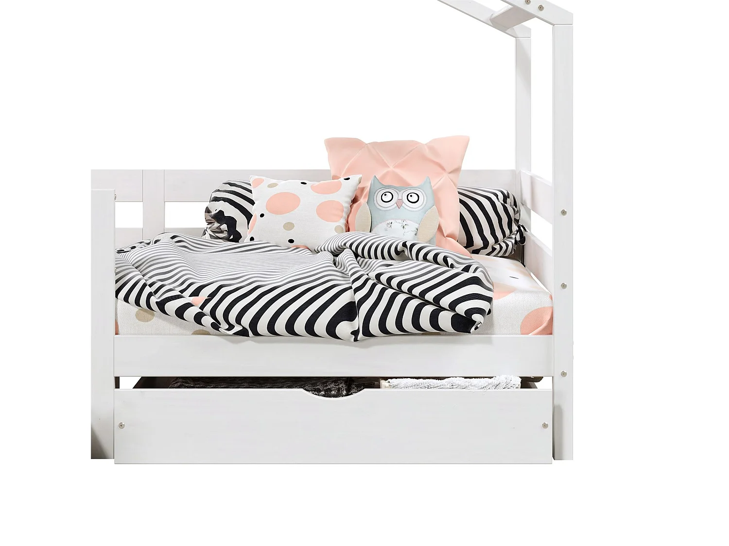 Lit cabane ENA lit enfant simple montessori 90 x 190 cm, avec 2 tiroirs de rangement, en pin massif lasuré blanc