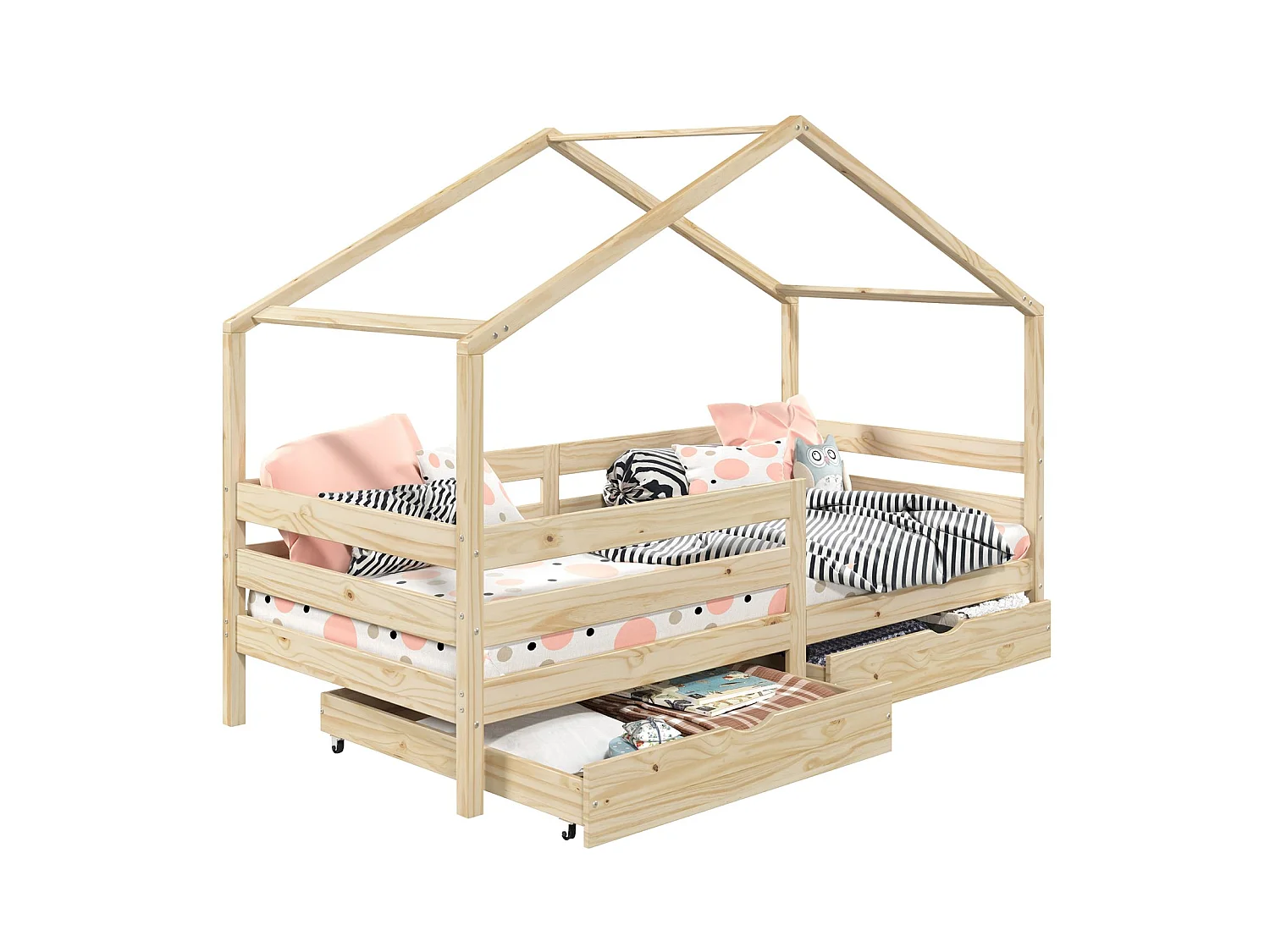 Lit cabane ENA lit enfant simple montessori 90 x 190 cm, avec 2 tiroirs de rangement, en pin massif à la finition naturelle