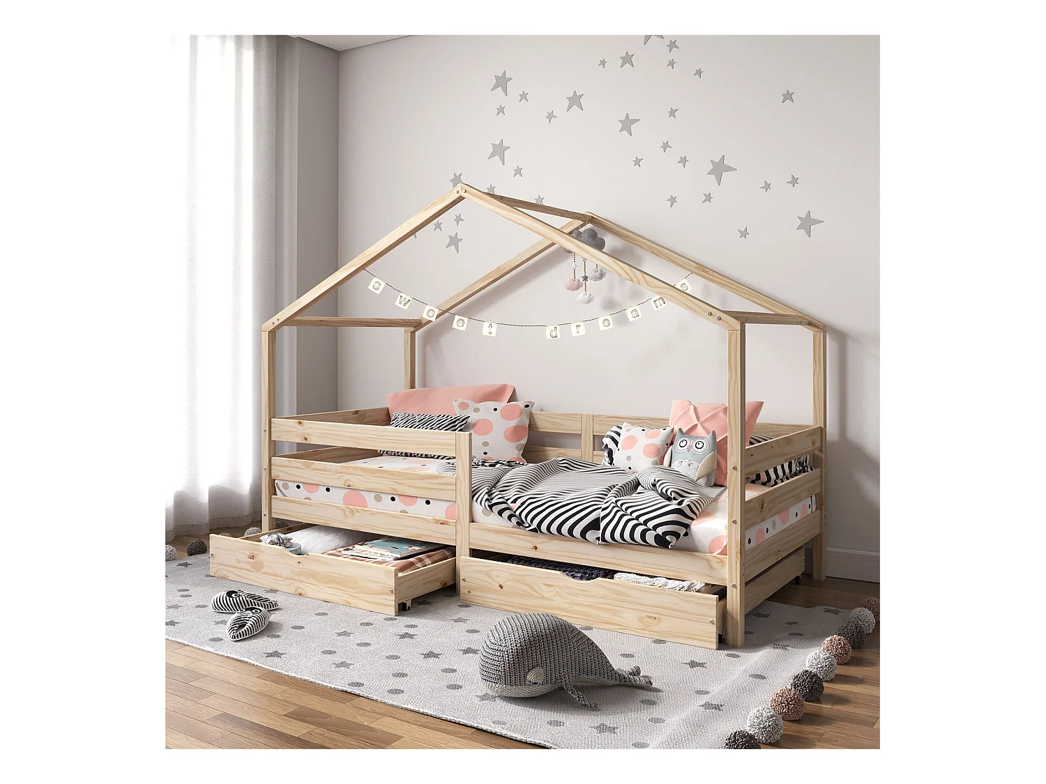 Lit cabane ENA lit enfant simple montessori 90 x 190 cm, avec 2 tiroirs de rangement, en pin massif à la finition naturelle