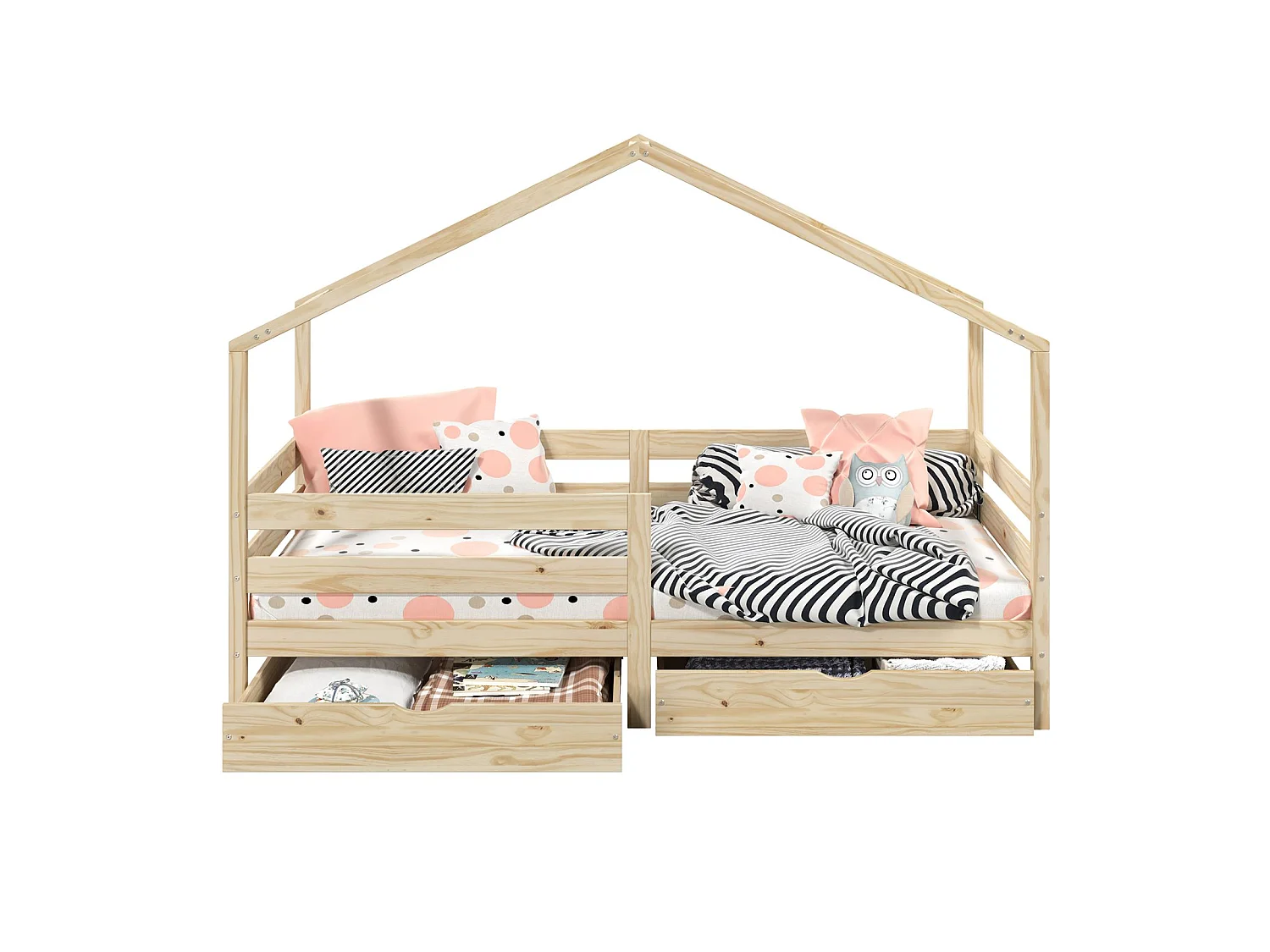 Lit cabane ENA lit enfant simple montessori 90 x 190 cm, avec 2 tiroirs de rangement, en pin massif à la finition naturelle
