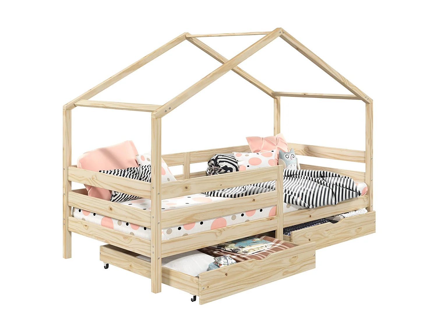 Lit cabane ENA lit enfant simple montessori 90 x 190 cm, avec 2 tiroirs de rangement, en pin massif à la finition naturelle