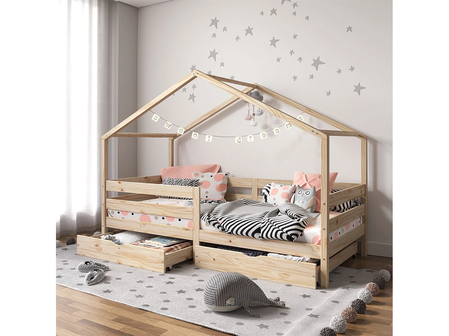 Lit cabane ENA lit enfant simple montessori 90 x 190 cm, avec 2 tiroirs de rangement, en pin massif à la finition naturelle