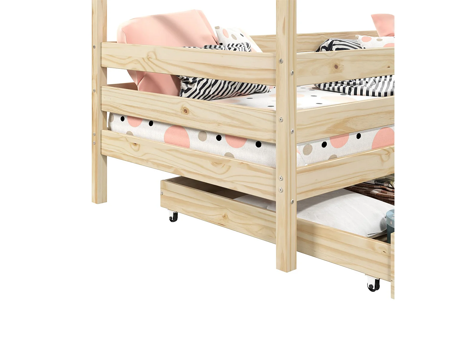 Lit cabane ENA lit enfant simple montessori 90 x 190 cm, avec 2 tiroirs de rangement, en pin massif à la finition naturelle