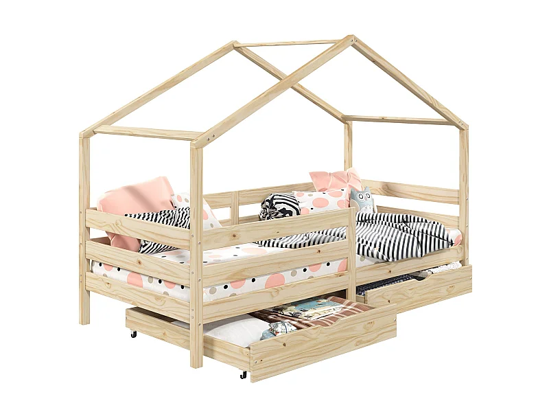 Lit cabane ENA lit enfant simple montessori 90 x 190 cm, avec 2 tiroirs de rangement, en pin massif à la finition naturelle