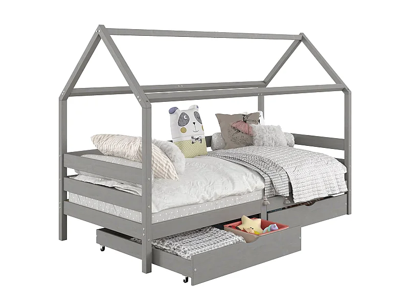 Lit cabane CLIA lit simple pour enfant montessori 90 x 190 cm avec rangement 2 tiroirs et barrières de protection, pin massif gris