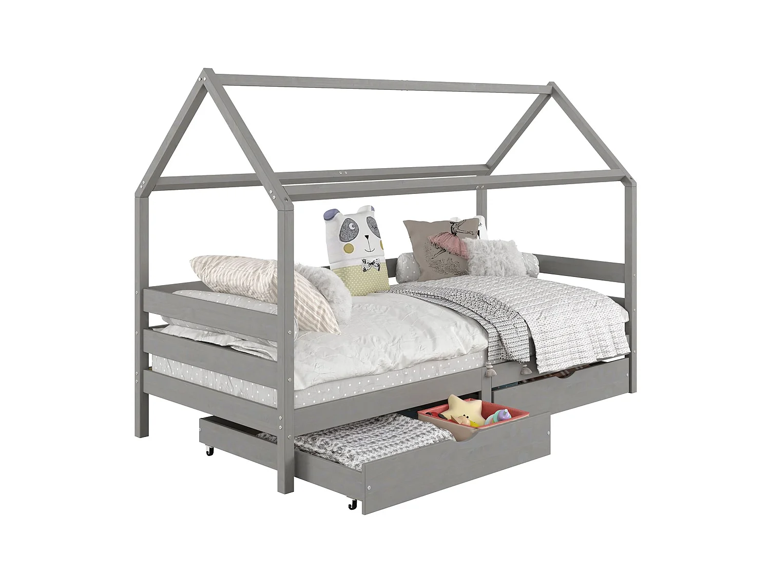 Lit cabane CLIA lit simple pour enfant montessori 90 x 190 cm avec rangement 2 tiroirs et barrières de protection, pin massif gris