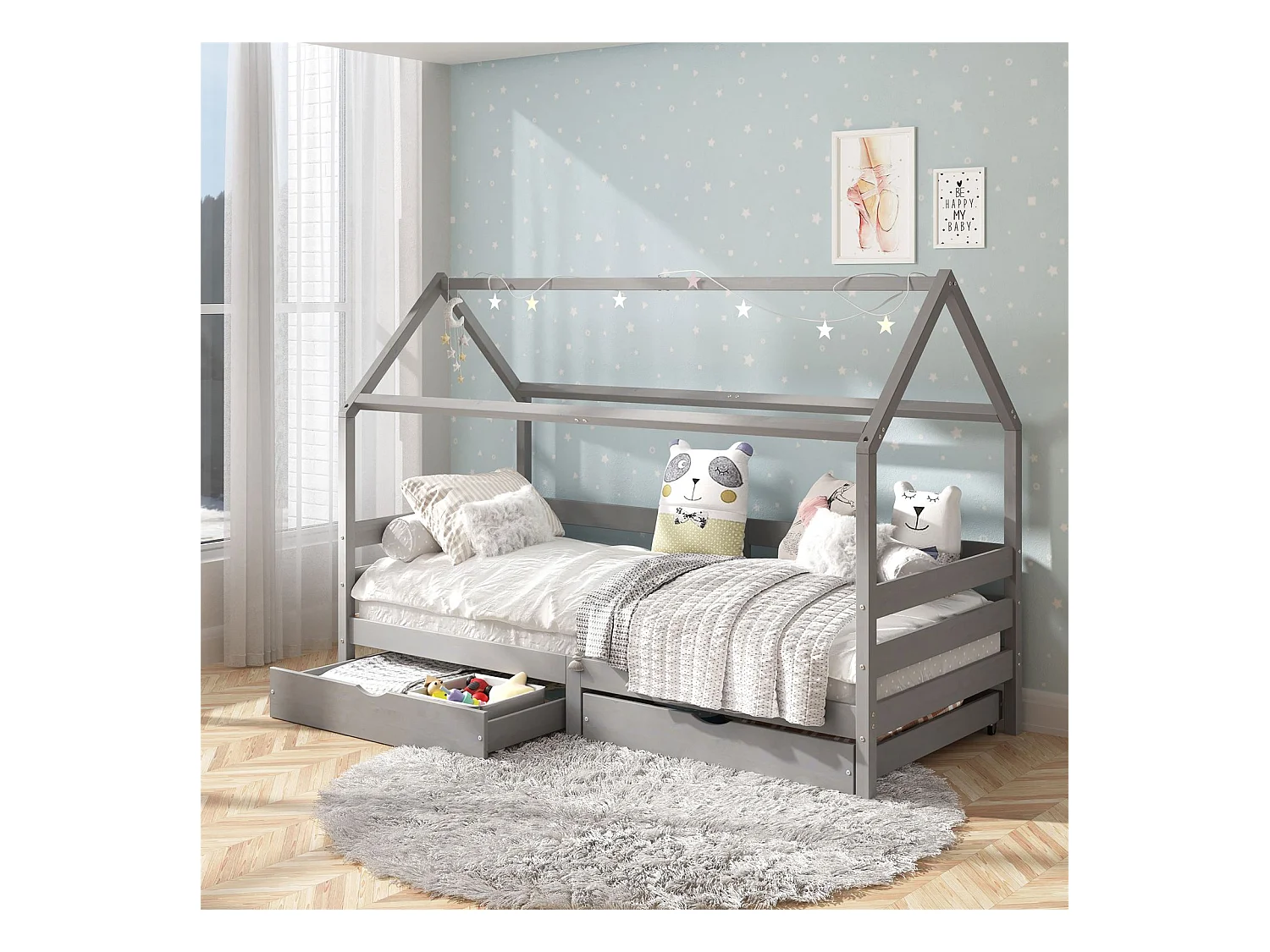 Lit cabane CLIA lit simple pour enfant montessori 90 x 190 cm avec rangement 2 tiroirs et barrières de protection, pin massif gris