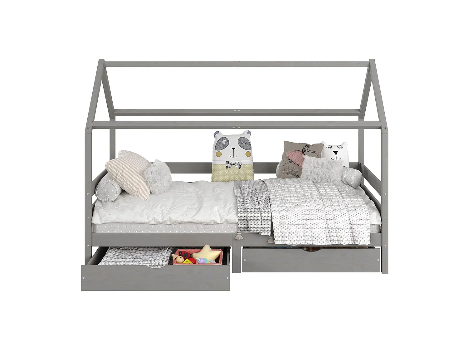 Lit cabane CLIA lit simple pour enfant montessori 90 x 190 cm avec rangement 2 tiroirs et barrières de protection, pin massif gris