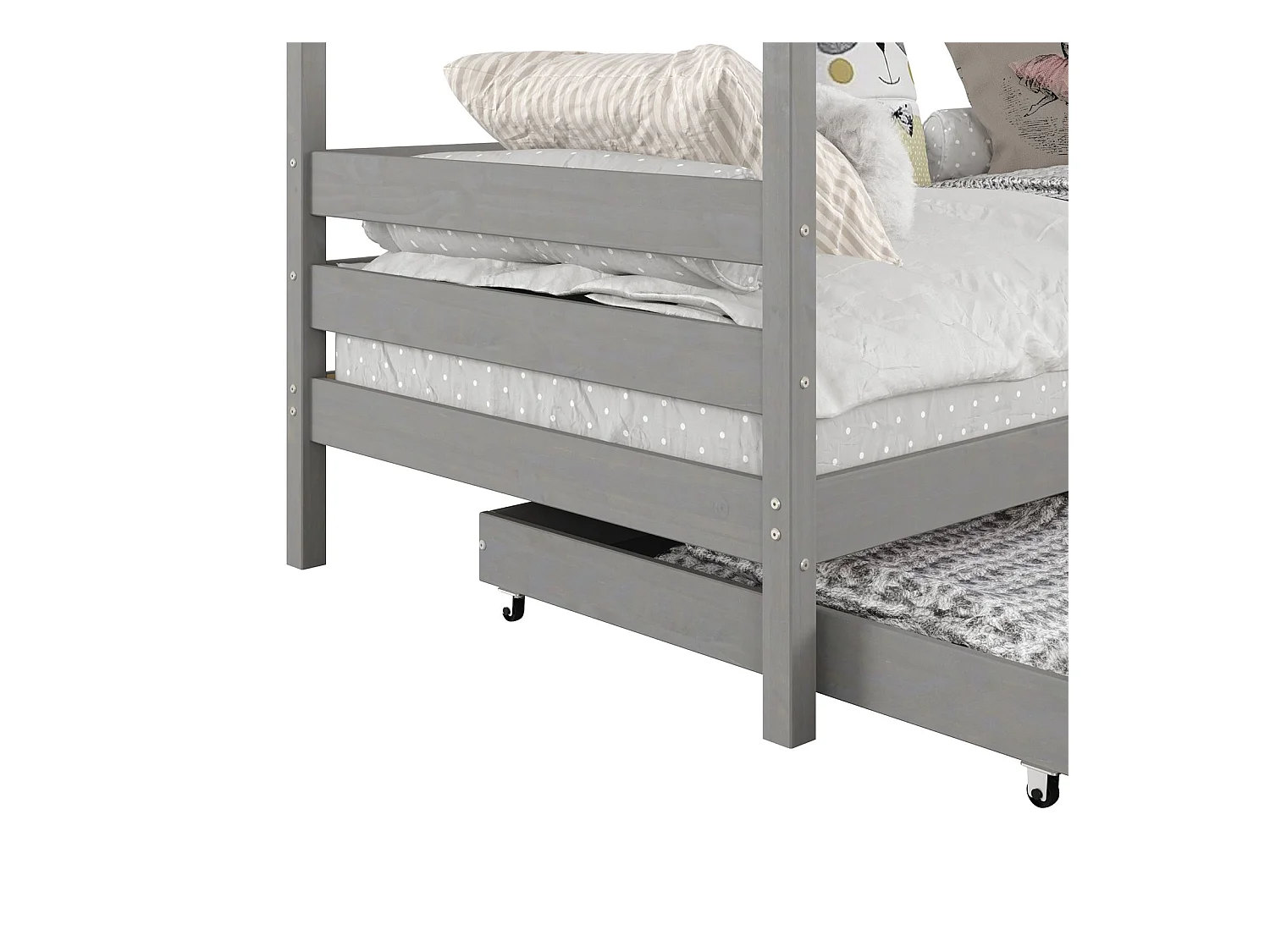 Lit cabane CLIA lit simple pour enfant montessori 90 x 190 cm avec rangement 2 tiroirs et barrières de protection, pin massif gris