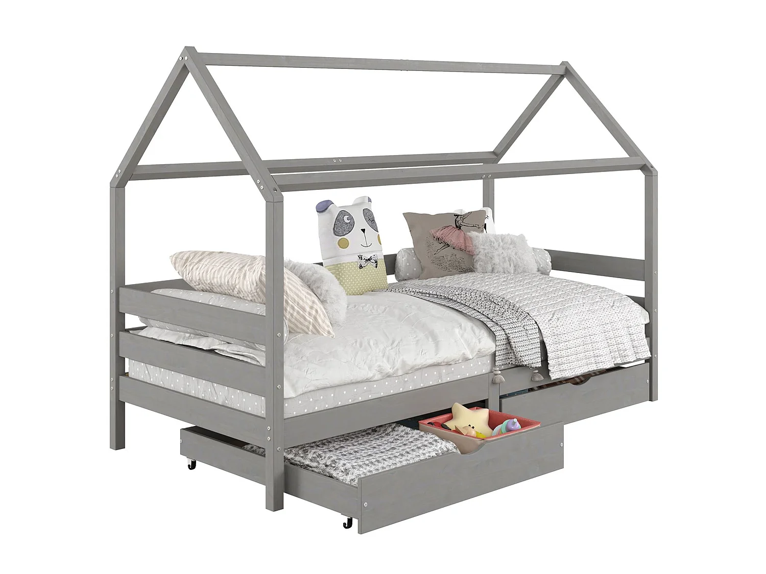 Lit cabane CLIA lit simple pour enfant montessori 90 x 190 cm avec rangement 2 tiroirs et barrières de protection, pin massif gris