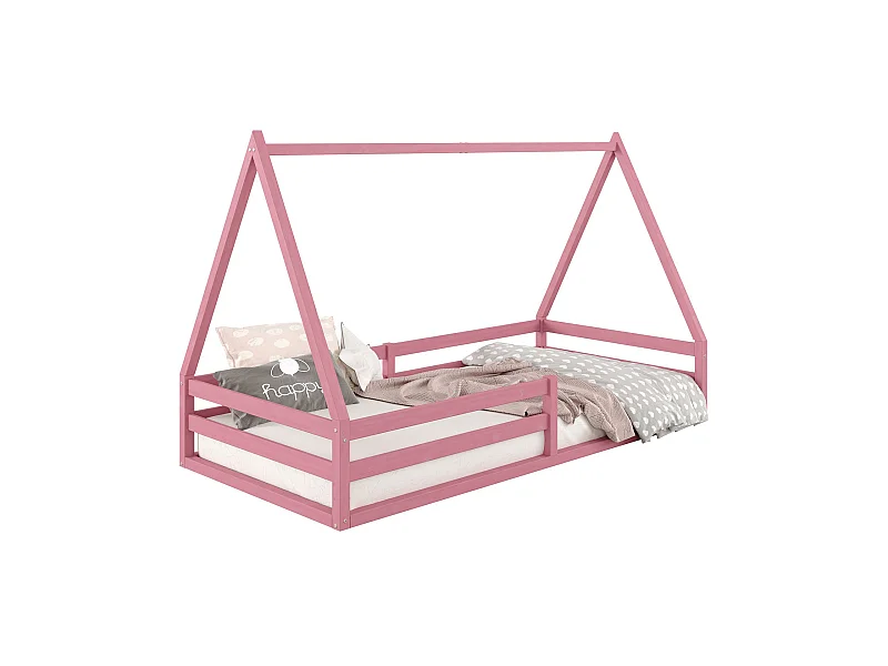 Lit cabane SILA 90x190 cm, lit simple enfant 1 place type Montessori, en pin massif rose