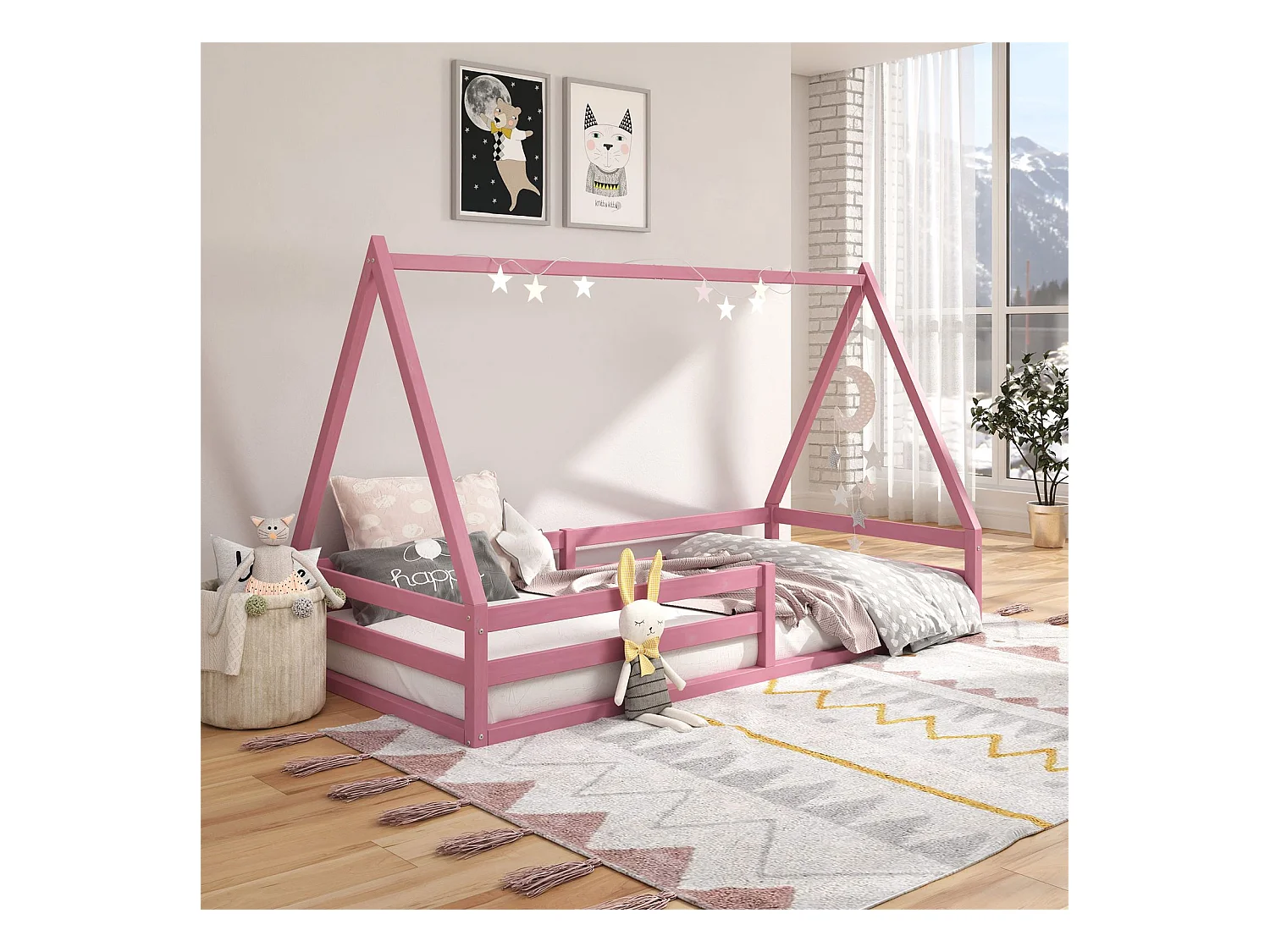Lit cabane SILA 90x190 cm, lit simple enfant 1 place type Montessori, en pin massif rose