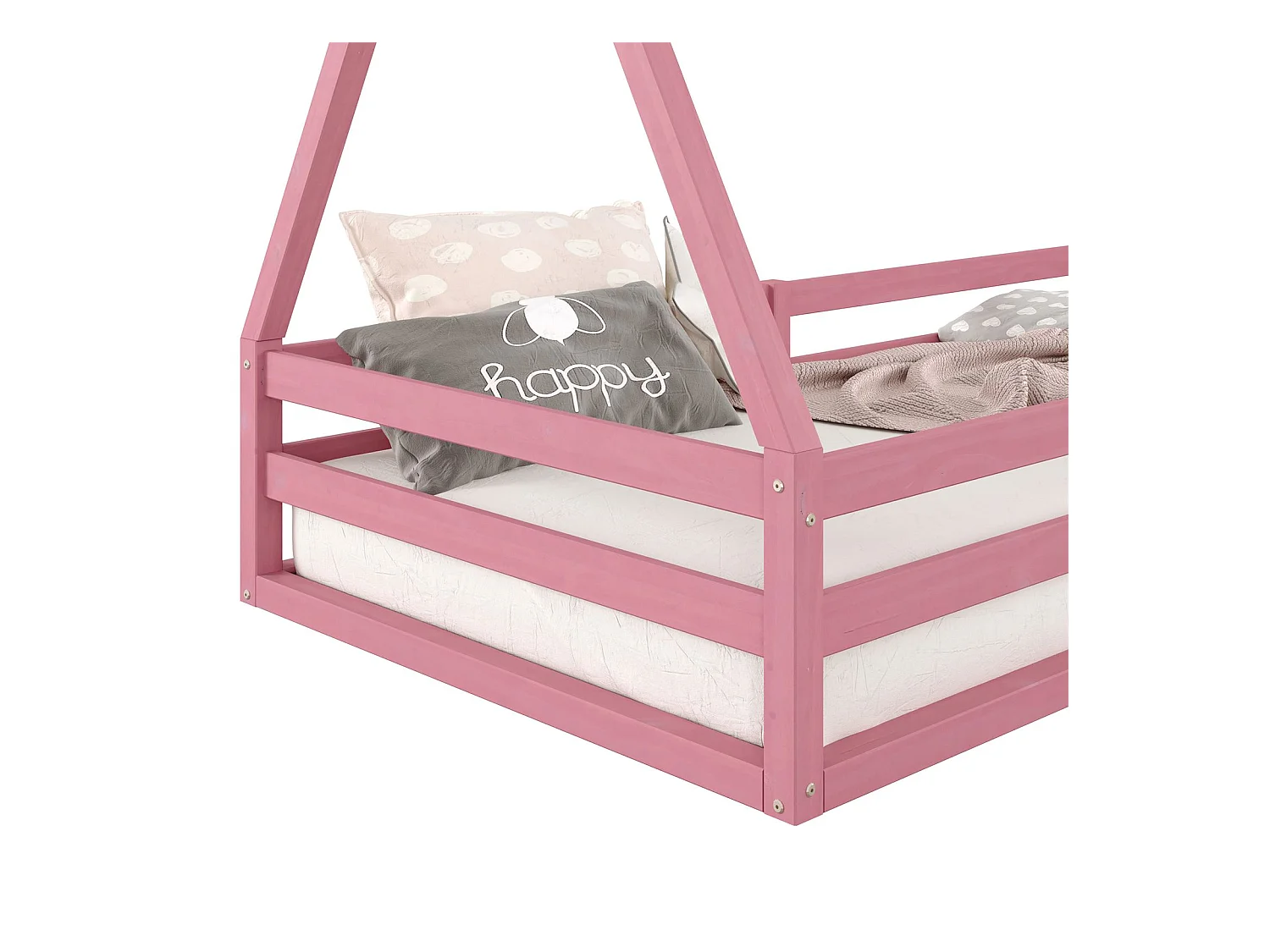 Lit cabane SILA 90x190 cm, lit simple enfant 1 place type Montessori, en pin massif rose