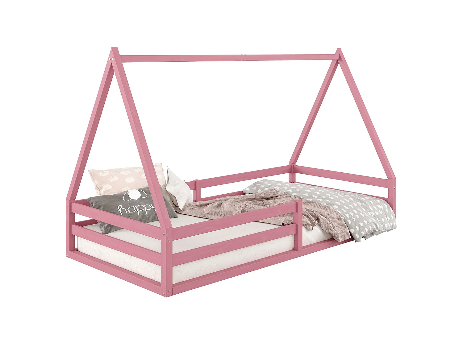 Lit cabane SILA 90x190 cm, lit simple enfant 1 place type Montessori, en pin massif rose