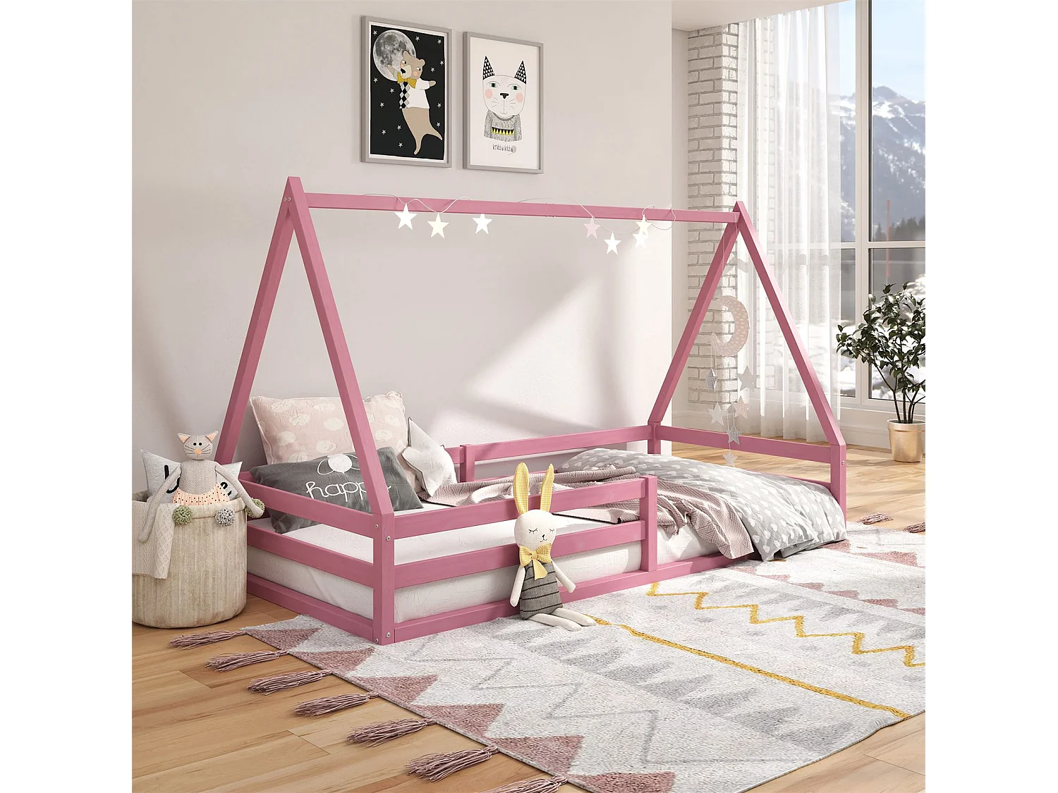 Lit cabane SILA 90x190 cm, lit simple enfant 1 place type Montessori, en pin massif rose