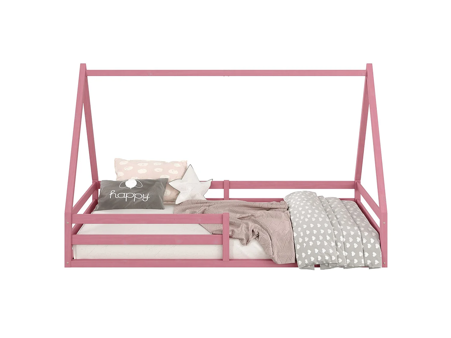Lit cabane SILA 90x190 cm, lit simple enfant 1 place type Montessori, en pin massif rose