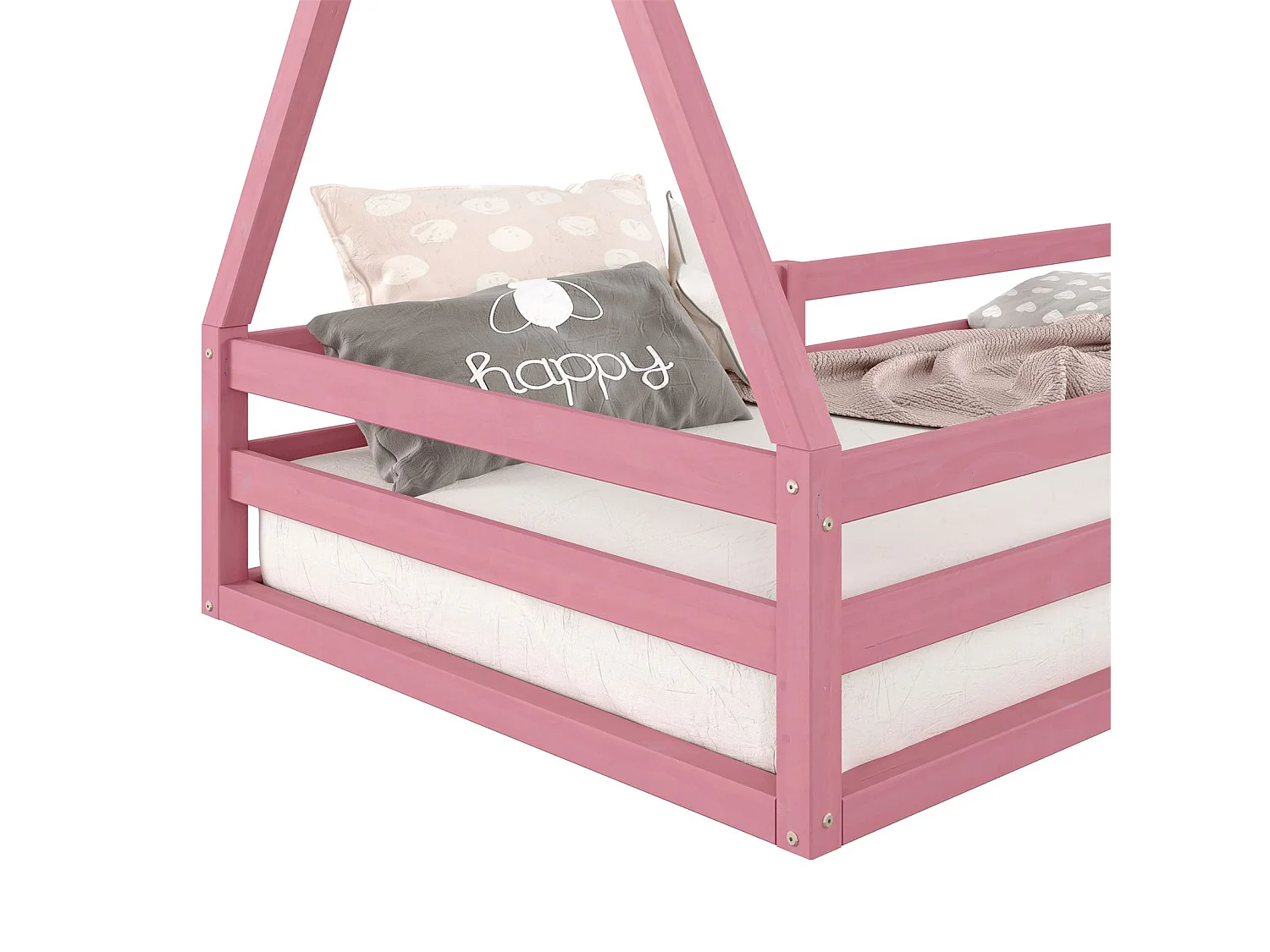 Lit cabane SILA 90x190 cm, lit simple enfant 1 place type Montessori, en pin massif rose