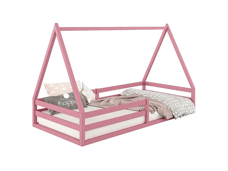 Lit cabane SILA 90x190 cm, lit simple enfant 1 place type Montessori, en pin massif rose