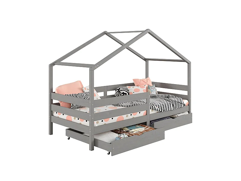 Lit cabane ENA lit enfant simple montessori 90 x 190 cm, avec 2 tiroirs de rangement, en pin massif lasuré gris