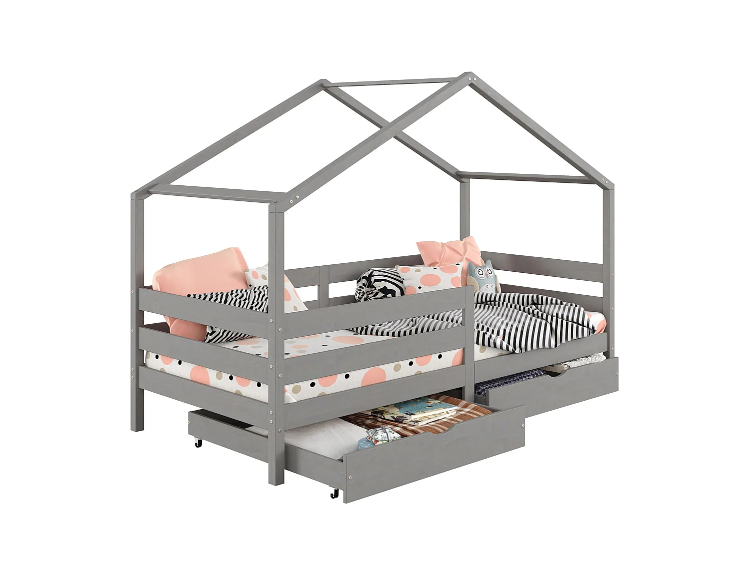 Lit cabane ENA lit enfant simple montessori 90 x 190 cm, avec 2 tiroirs de rangement, en pin massif lasuré gris