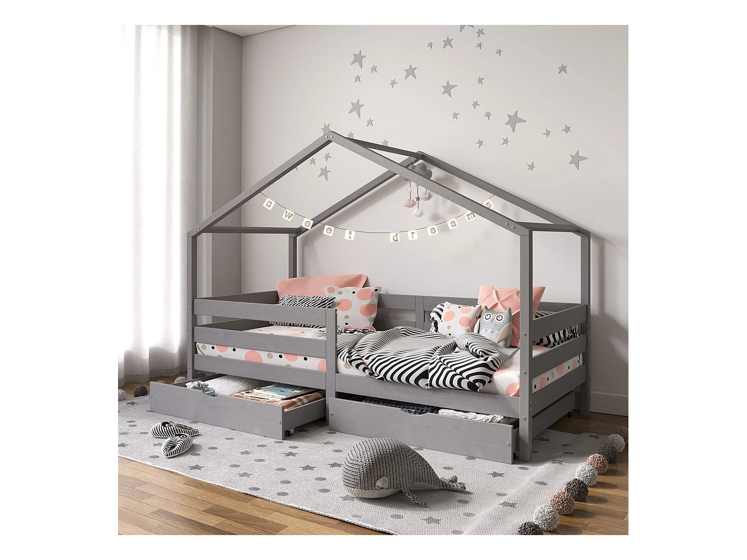 Lit cabane ENA lit enfant simple montessori 90 x 190 cm, avec 2 tiroirs de rangement, en pin massif lasuré gris