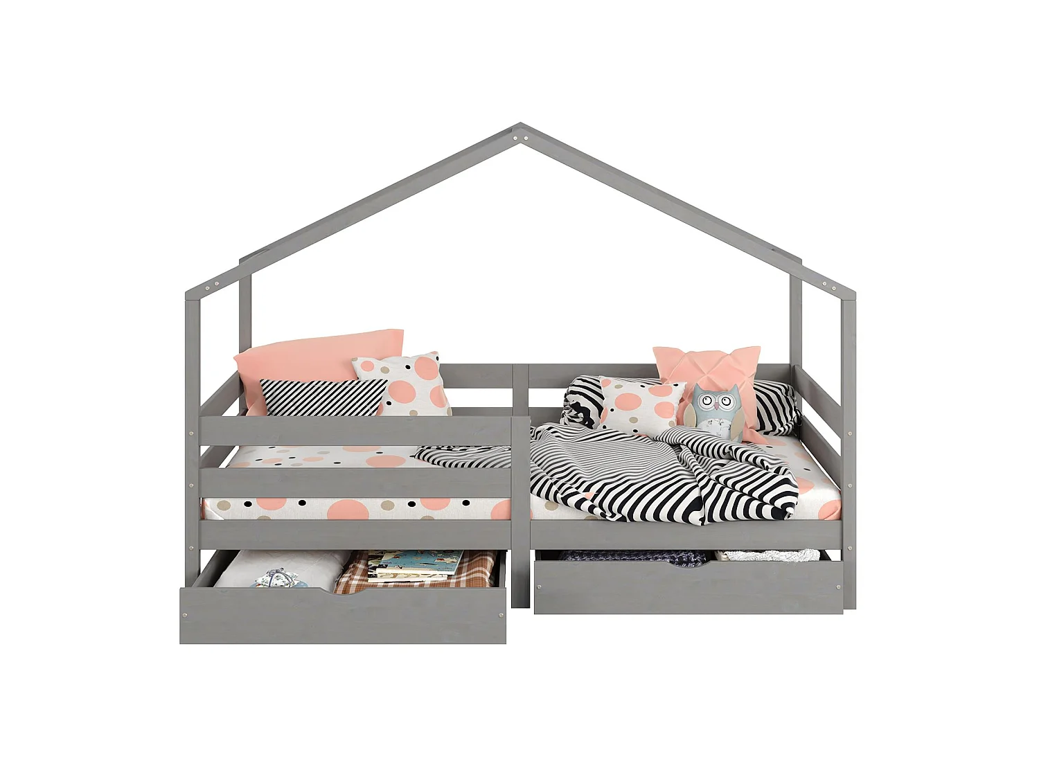 Lit cabane ENA lit enfant simple montessori 90 x 190 cm, avec 2 tiroirs de rangement, en pin massif lasuré gris