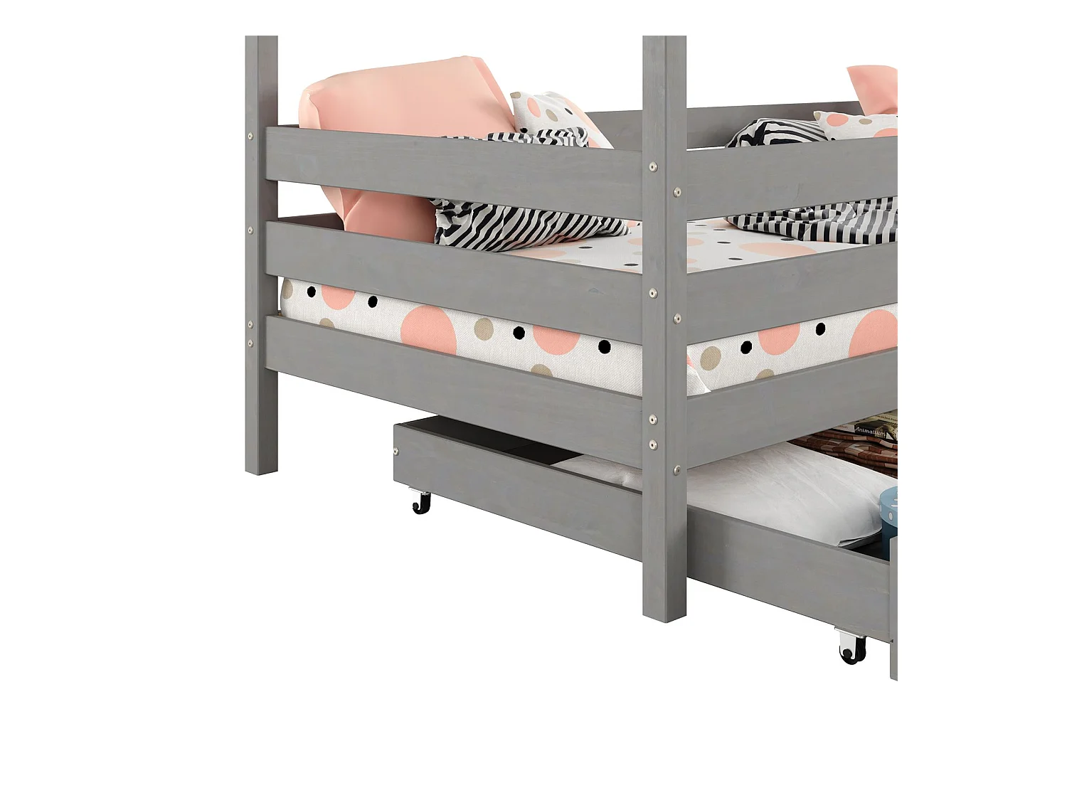 Lit cabane ENA lit enfant simple montessori 90 x 190 cm, avec 2 tiroirs de rangement, en pin massif lasuré gris