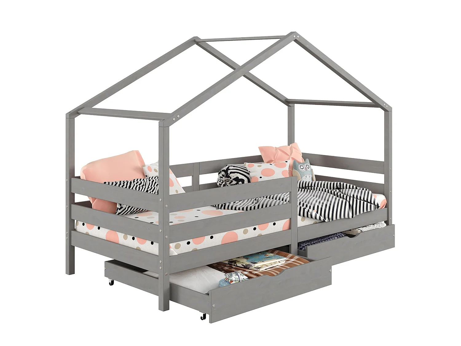 Lit cabane ENA lit enfant simple montessori 90 x 190 cm, avec 2 tiroirs de rangement, en pin massif lasuré gris