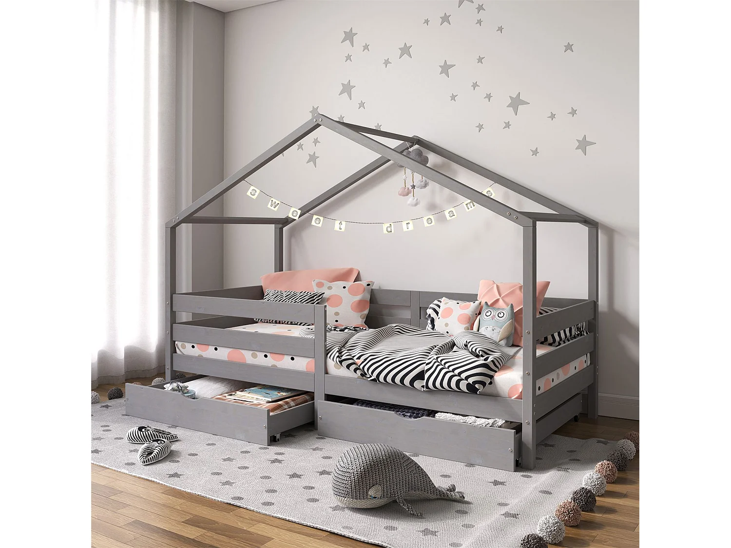 Lit cabane ENA lit enfant simple montessori 90 x 190 cm, avec 2 tiroirs de rangement, en pin massif lasuré gris