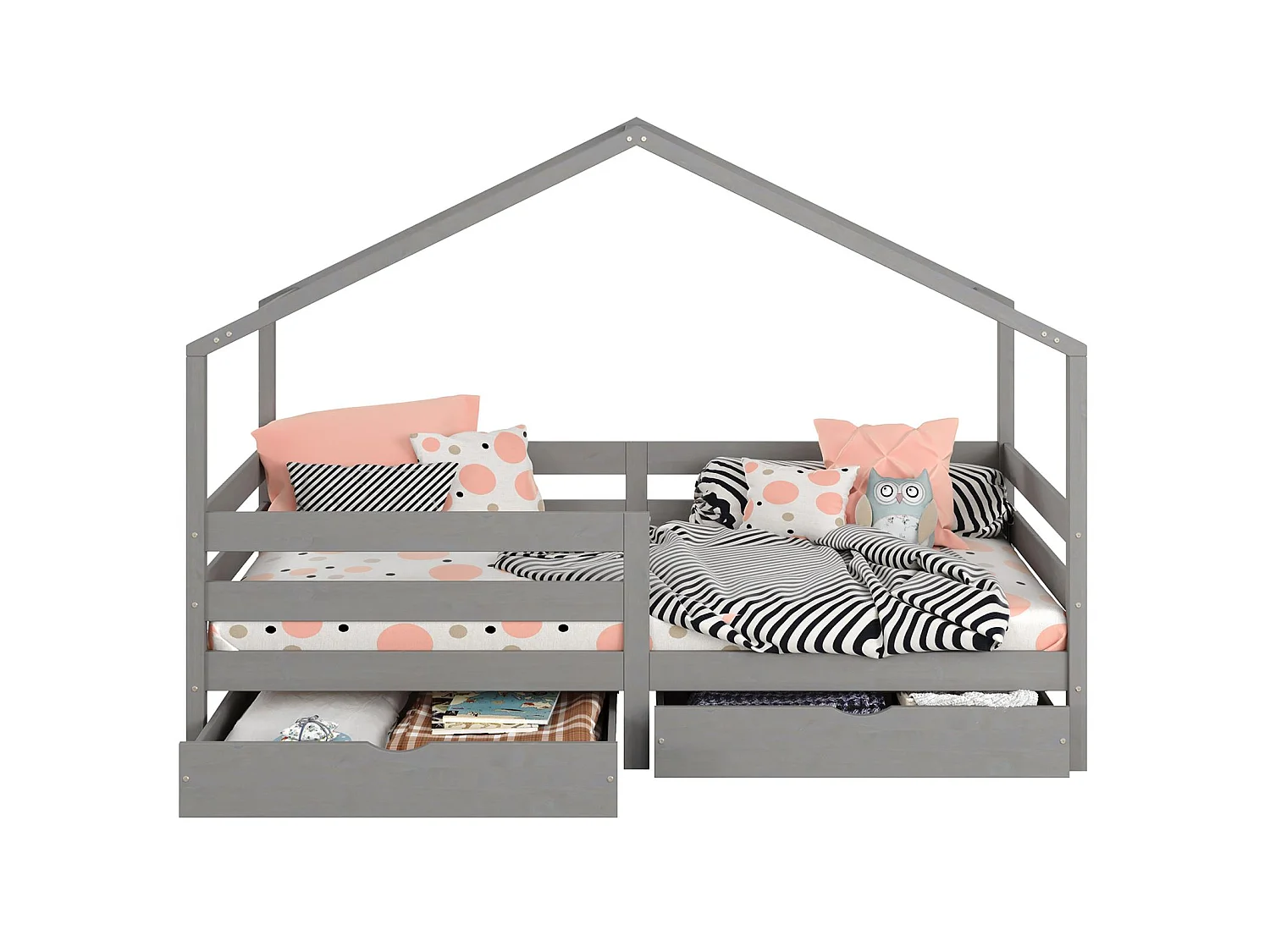 Lit cabane ENA lit enfant simple montessori 90 x 190 cm, avec 2 tiroirs de rangement, en pin massif lasuré gris