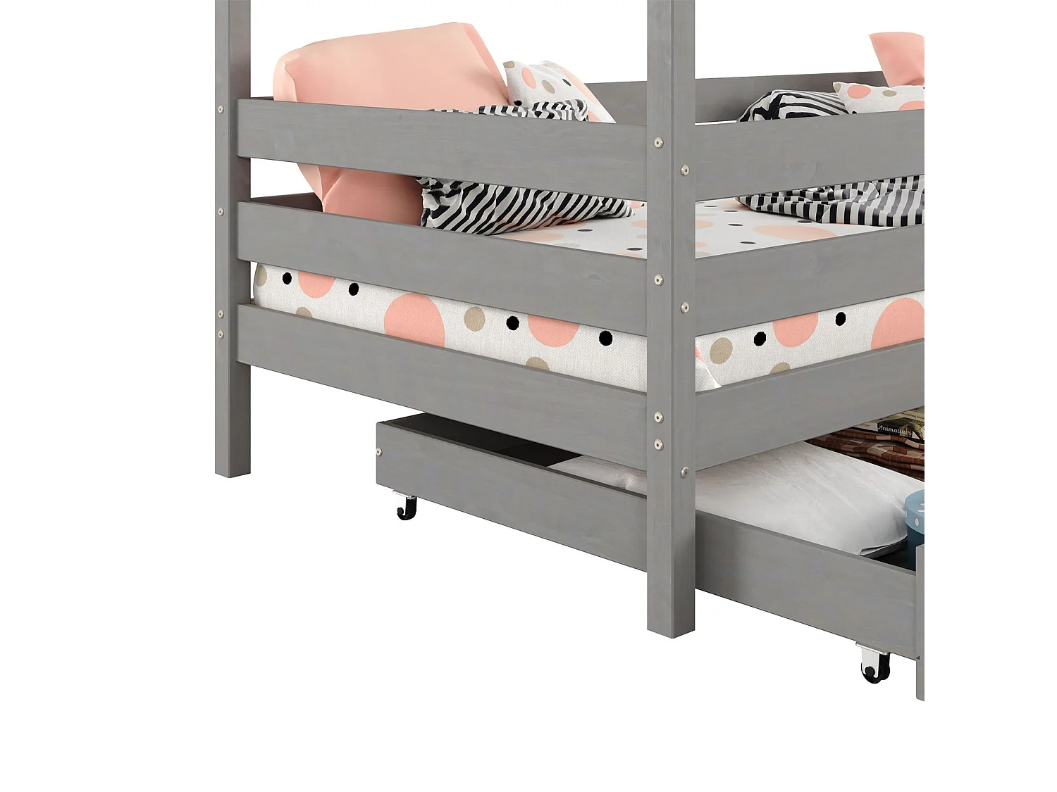 Lit cabane ENA lit enfant simple montessori 90 x 190 cm, avec 2 tiroirs de rangement, en pin massif lasuré gris