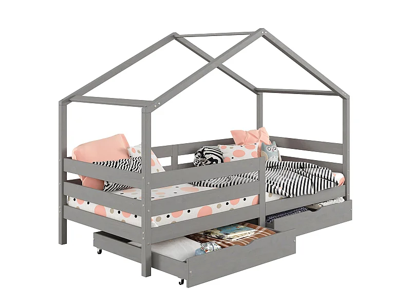Lit cabane ENA lit enfant simple montessori 90 x 190 cm, avec 2 tiroirs de rangement, en pin massif lasuré gris