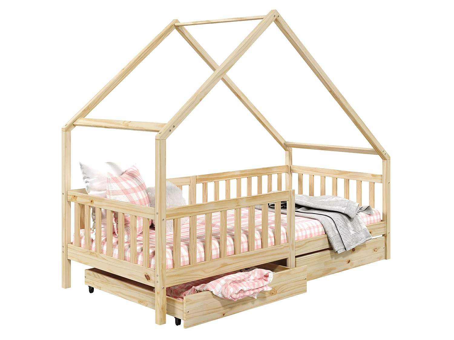 Lit cabane ALVA lit enfant simple asymétrique en bois 90 x 190 cm montessori, avec rangement 2 tiroirs, en pin massif naturel