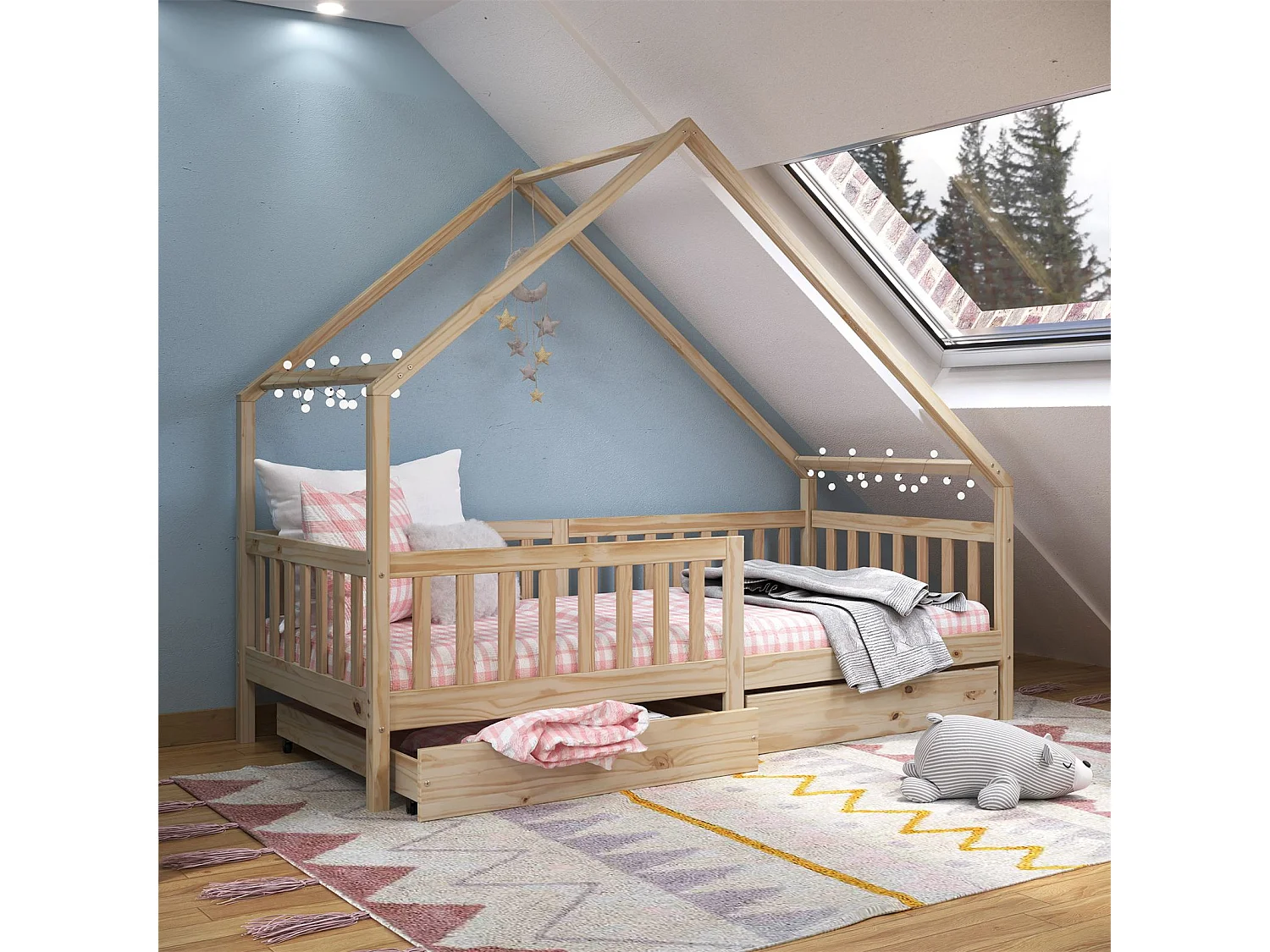 Lit cabane ALVA lit enfant simple asymétrique en bois 90 x 190 cm montessori, avec rangement 2 tiroirs, en pin massif naturel