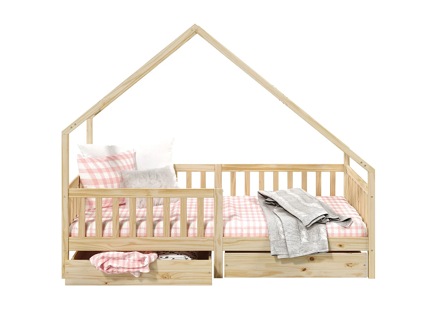 Lit cabane ALVA lit enfant simple asymétrique en bois 90 x 190 cm montessori, avec rangement 2 tiroirs, en pin massif naturel