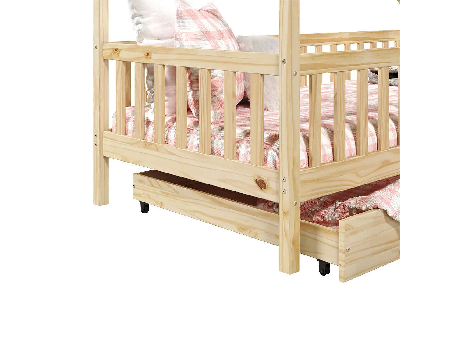 Lit cabane ALVA lit enfant simple asymétrique en bois 90 x 190 cm montessori, avec rangement 2 tiroirs, en pin massif naturel