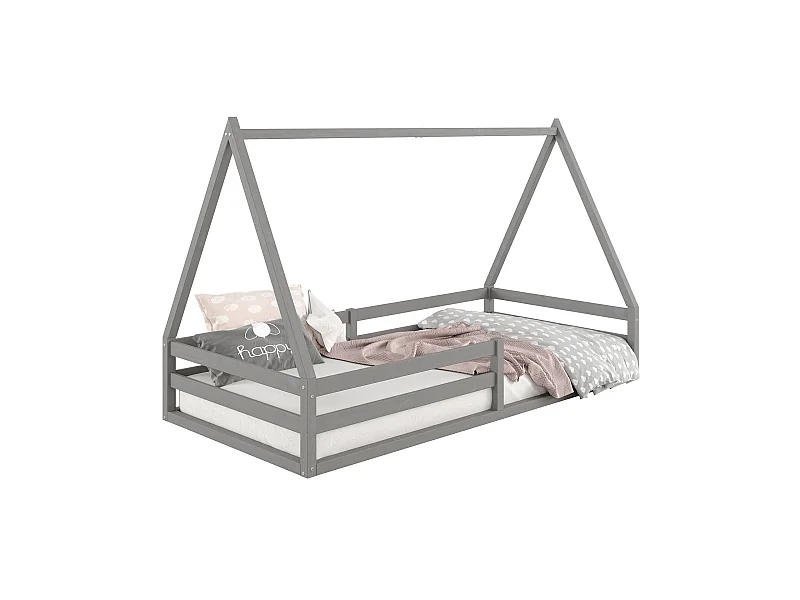 Lit cabane SILA 90x190 cm, lit simple enfant 1 place type Montessori, en pin massif gris