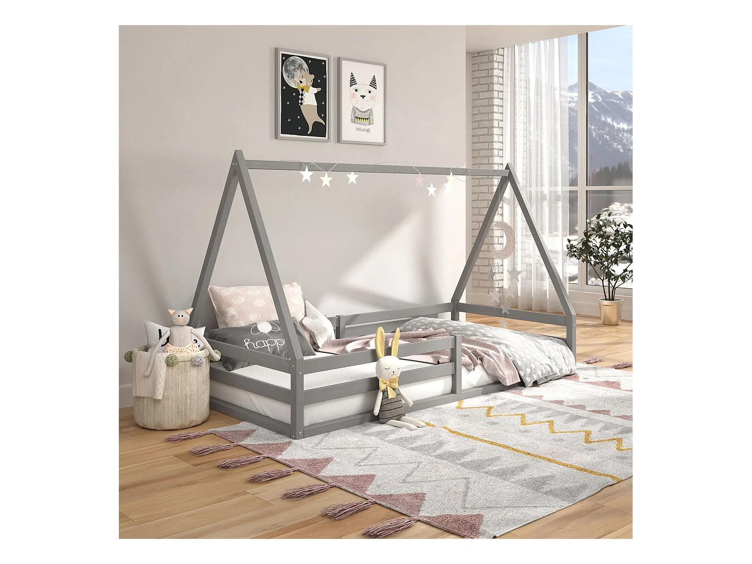 Lit cabane SILA 90x190 cm, lit simple enfant 1 place type Montessori, en pin massif gris