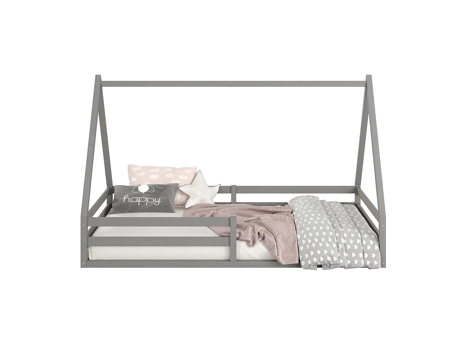 Lit cabane SILA 90x190 cm, lit simple enfant 1 place type Montessori, en pin massif gris