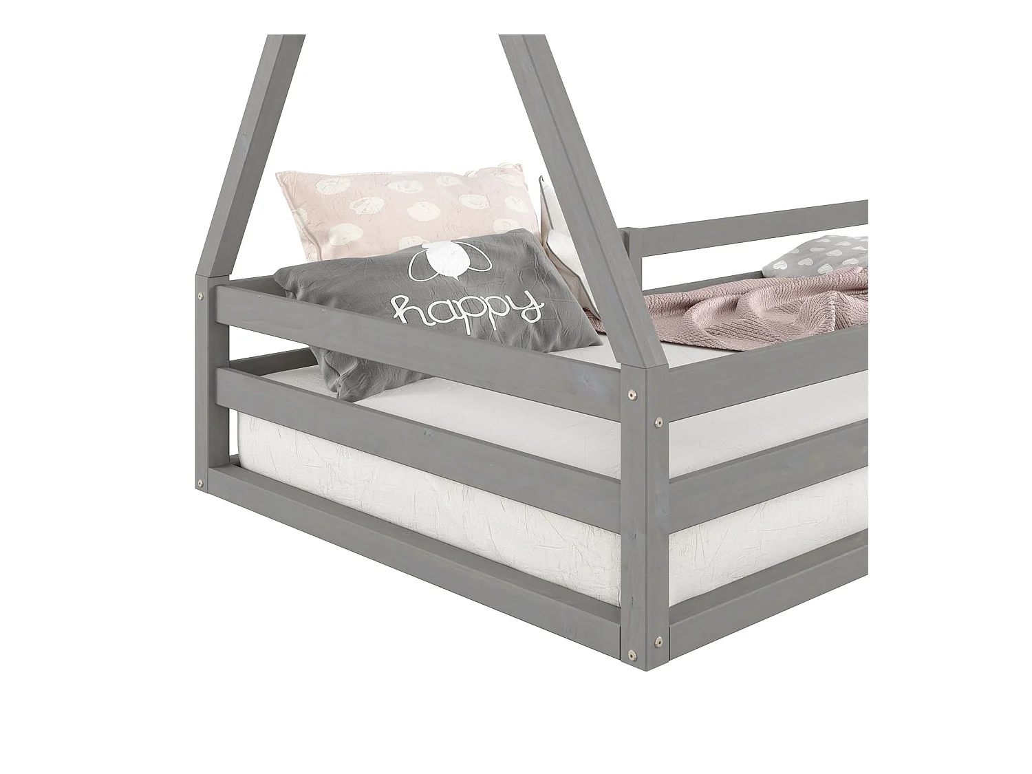 Lit cabane SILA 90x190 cm, lit simple enfant 1 place type Montessori, en pin massif gris