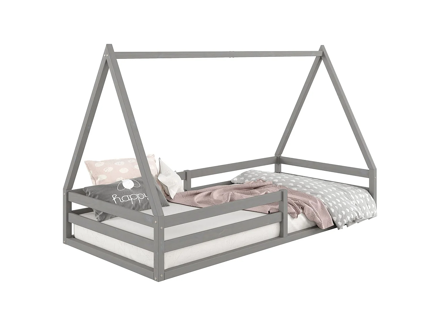 Lit cabane SILA 90x190 cm, lit simple enfant 1 place type Montessori, en pin massif gris
