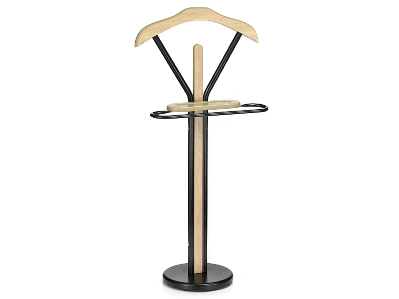 Valet de chambre MATTEO chevalet de nuit portant pour vêtements, structure en métal et en bois laqué couleur noir et chêne sonoma