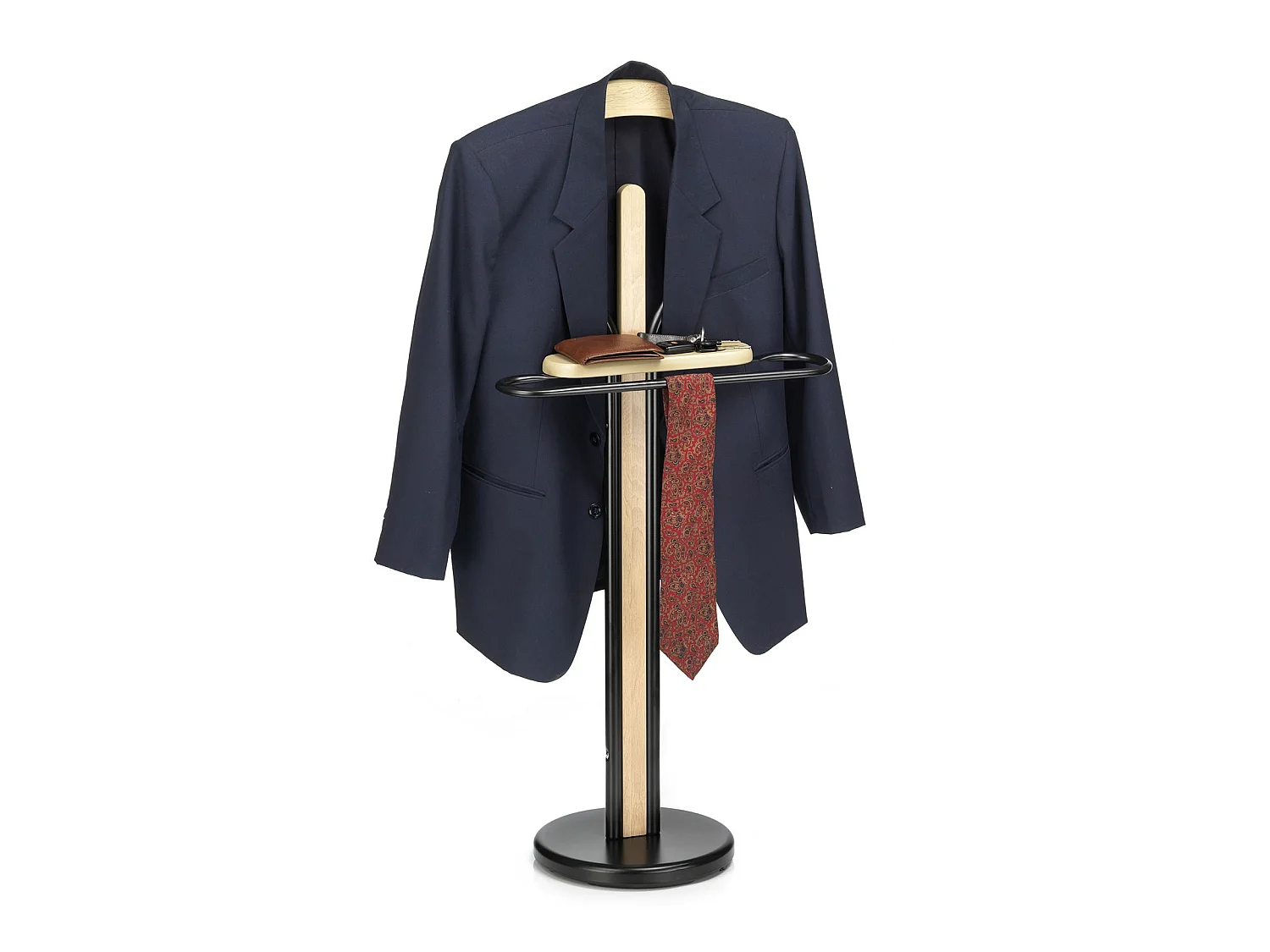 Valet de chambre MATTEO chevalet de nuit portant pour vêtements, structure en métal et en bois laqué couleur noir et chêne sonoma