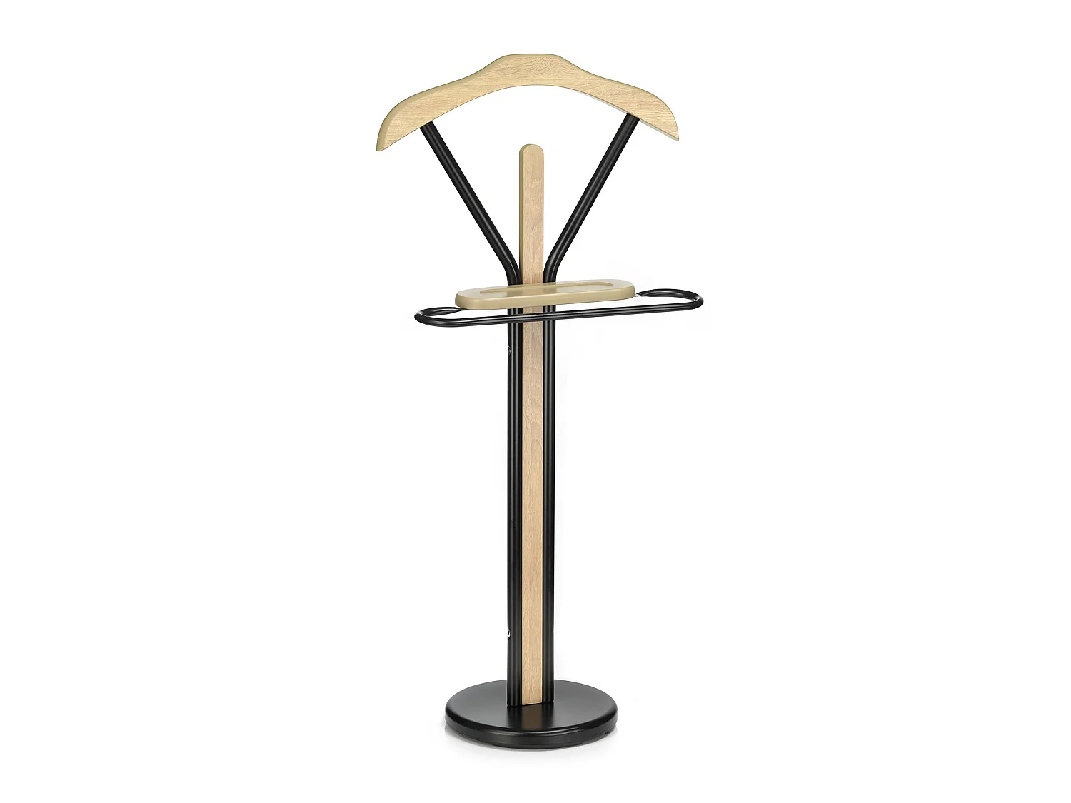 Valet de chambre MATTEO chevalet de nuit portant pour vêtements, structure en métal et en bois laqué couleur noir et chêne sonoma