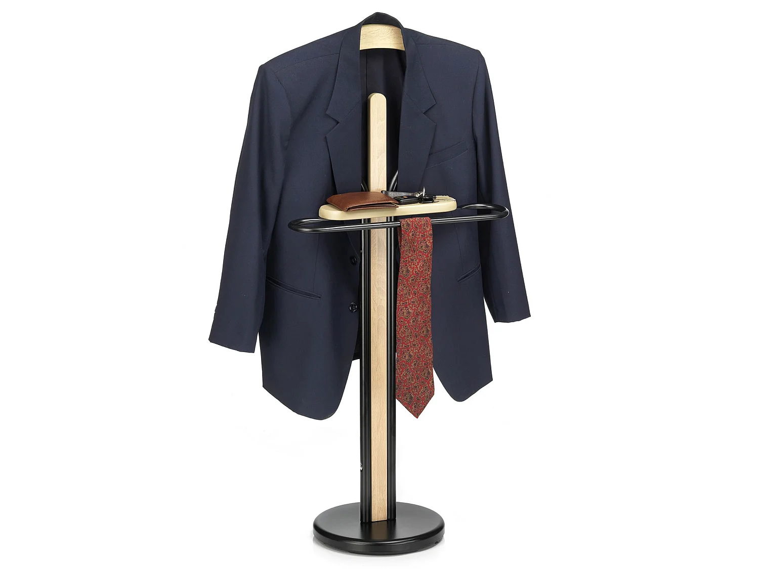 Valet de chambre MATTEO chevalet de nuit portant pour vêtements, structure en métal et en bois laqué couleur noir et chêne sonoma