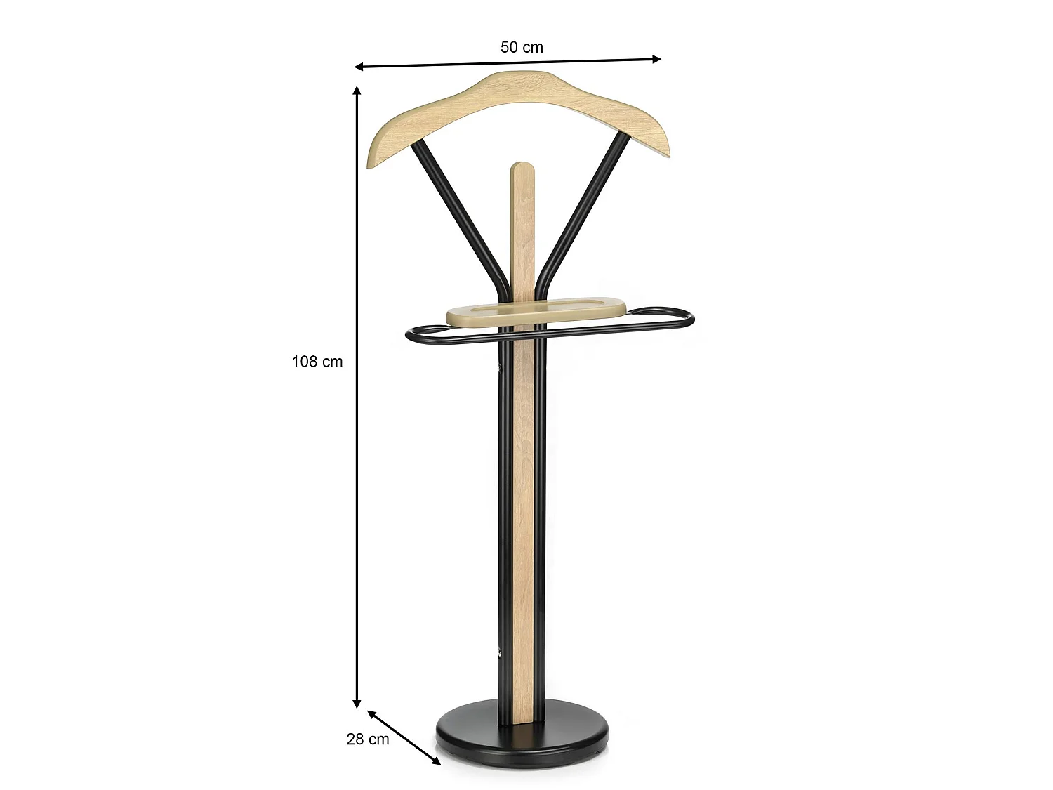 Valet de chambre MATTEO chevalet de nuit portant pour vêtements, structure en métal et en bois laqué couleur noir et chêne sonoma