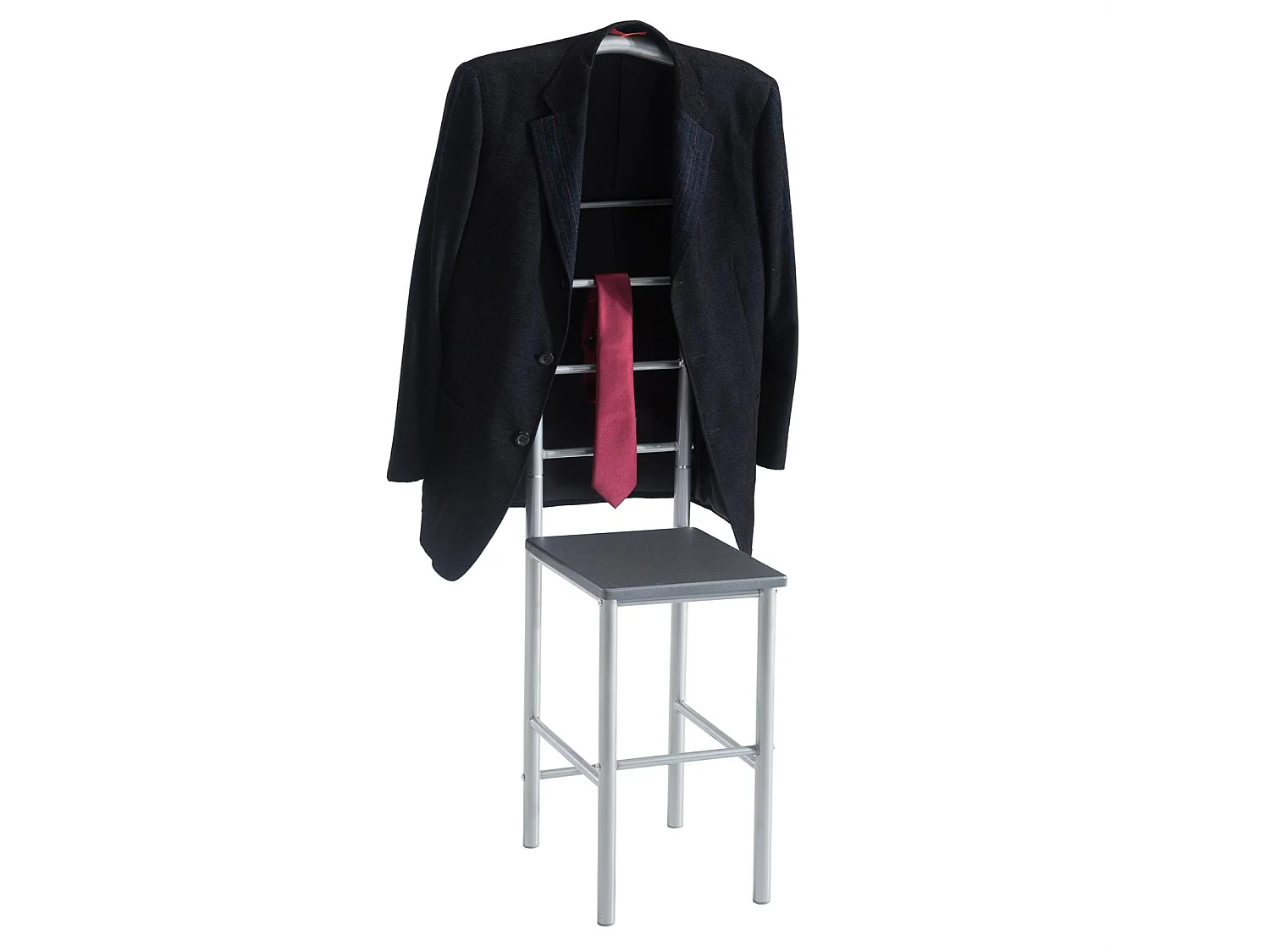 Valet de chambre JIVO chevalet de nuit portant pour vêtements, structure en métal argenté avec tablette en MDF décor gris mat