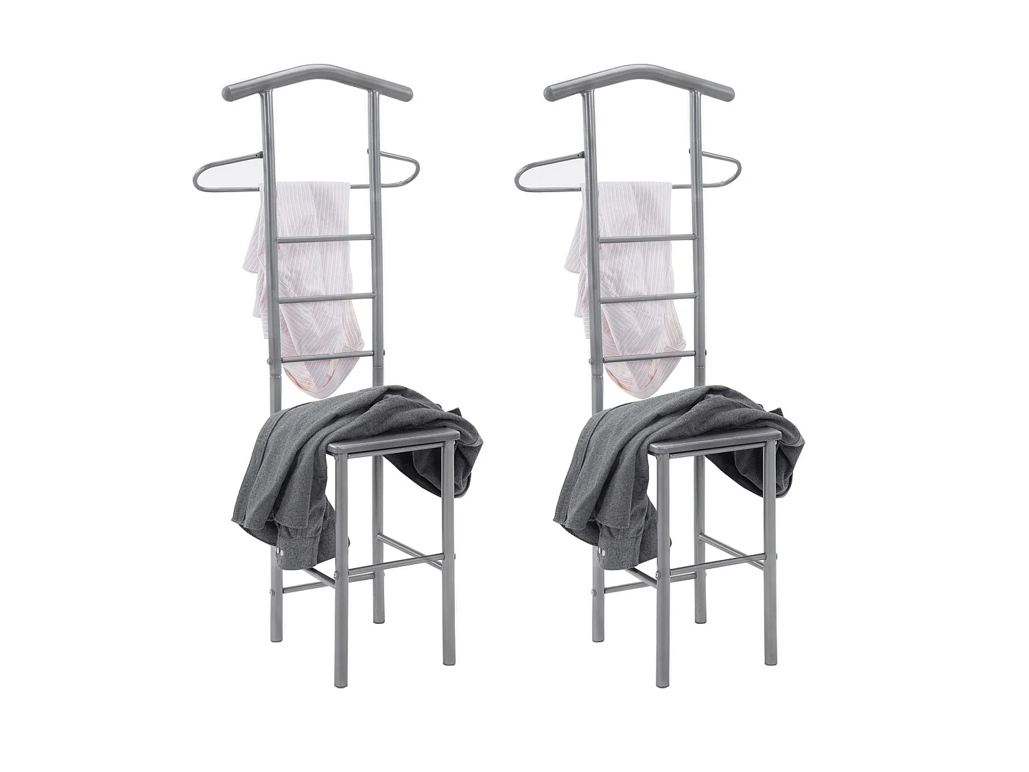 Lot de 2 valets de chambre JIVO chevalets de nuit portants pour vêtements, structure en métal argenté avec tablette en MDF gris mat