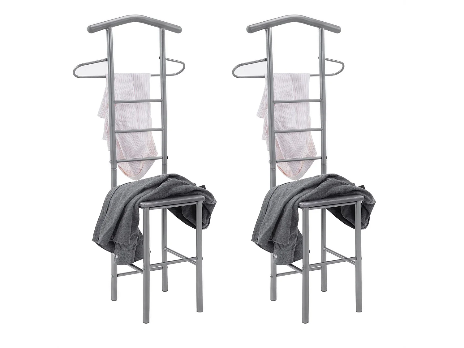 Lot de 2 valets de chambre JIVO chevalets de nuit portants pour vêtements, structure en métal argenté avec tablette en MDF gris mat