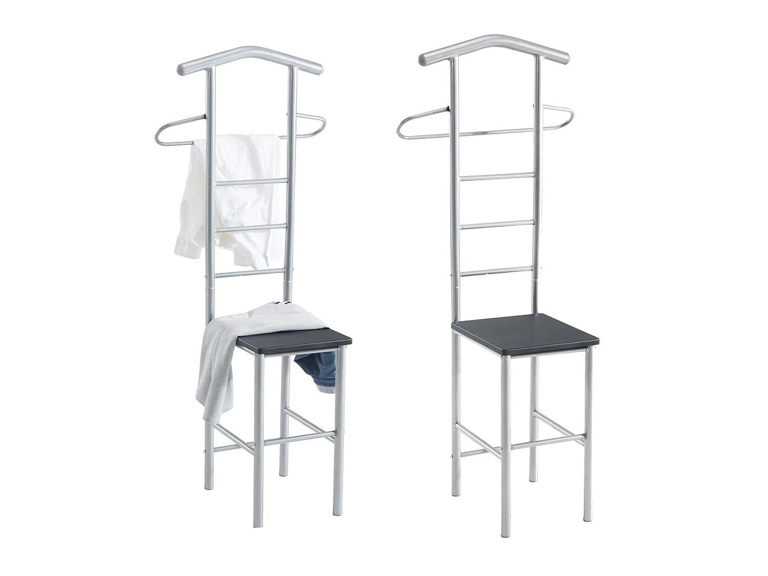 Lot de 2 valets de chambre JIVO chevalets de nuit portants pour vêtements, structure en métal argenté avec tablette en MDF noir mat